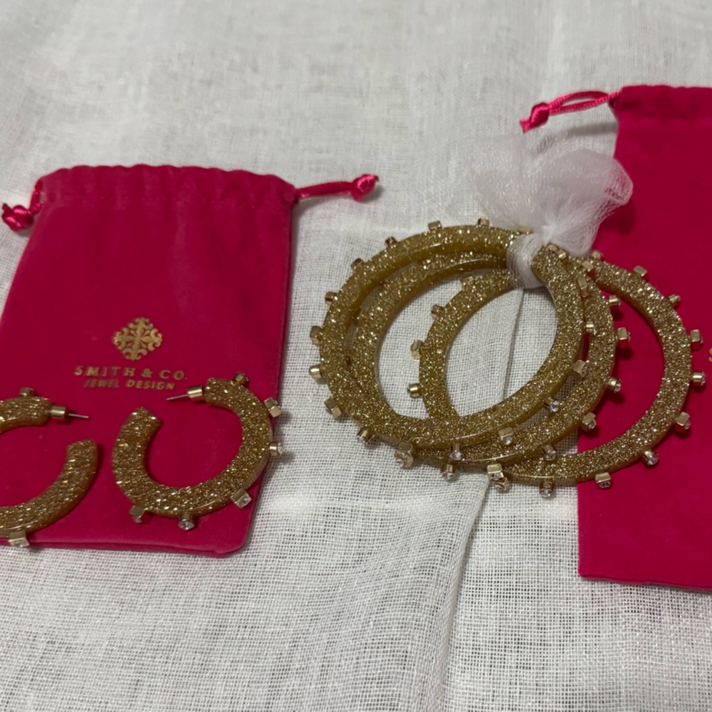 Gold Glitter Smith & Co Hoop Earrings and Bangle Bracelet Sets